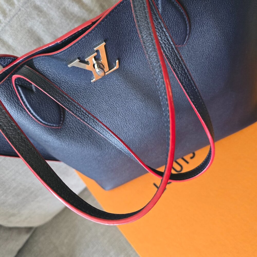 Louis Vuitton Navy Blue Leather Tote with Red Piping & Silver Hardware